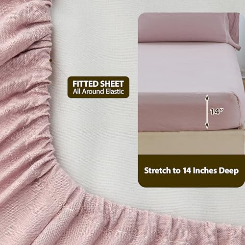 Parure de lit rose en lin délavé 4 pcs pour chambre romantique - 5