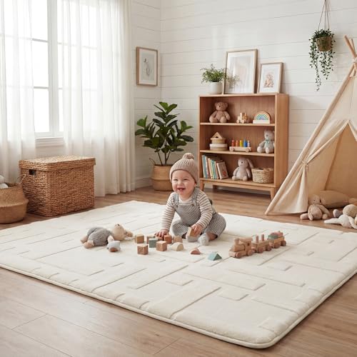 Image of PaPaMat Baby Play Mat for Floor, 1.3" Thick 59x79 Plush Soft Foam Mats for Toddler Kids Crawling, Non-Slip Easy Care Nursery Rug for Playroom Living Room (Ivory)