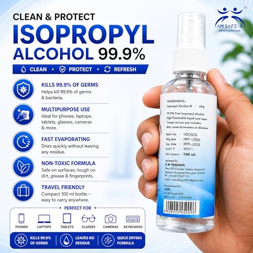 Image of AMSAFE-X Isopropyl Alcohol IPA Spray 99.9% Pure [(CH3)2-CH-OH] CAS: 67-63-0] | Electronic Cleaning Solution for Mobile, Laptop, Keyboard, PC Components & Gadgets | 100ml