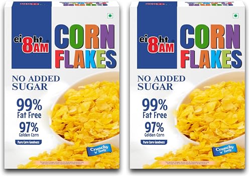 Image of 8AM Corn Flakes 500 Gram, No Added Sugar, 97% Corn, 99% Fat Free, No Cholesterol, Trans Fat, Artificial Additives, Vitamins B1, B2, B3, B6, B9, Iron, Calcium, Breakfast Cereal (Pack of 2)