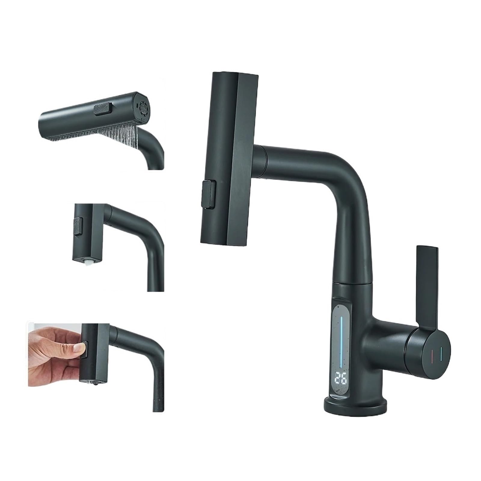 Jvddi Nero Temperature Digital Display Basin Faucet For Bathroom Pull Out Waterfall Stream 3 Way Sprayer(Nero)