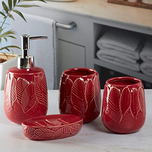 Image of SaSaSa Ceramic Bathroom Accessories Set of 4 Modern Bath Set with Soap Dispenser & Toothbrush Holder, Luxury Home & Gift Idea, Red (9886)