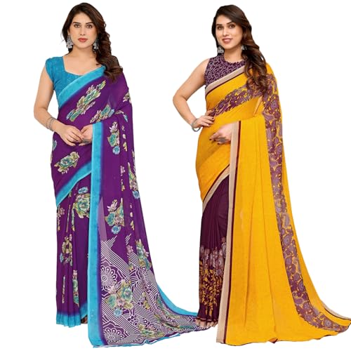 Image of KASHVI SAREES Women's Printed Georgette Saree With Unstitched Blouse Piece (Pack Of 2) -P2 1813 7 1190 2