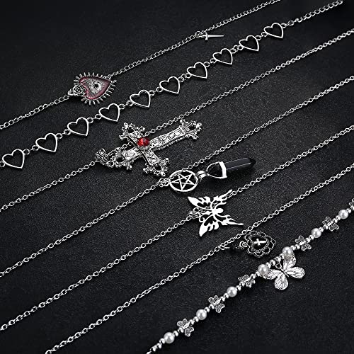 Subiceto 33Pcs Grunge Vintage Punk Necklace Jewelry Set Gothic Earrings Fairy Butterfly Boho Crystal Y2k Cross Pendent Butterfly Heart Choker Goth Stackable Knuckle Rings Adjustable Y2k Accessories for Women Men4