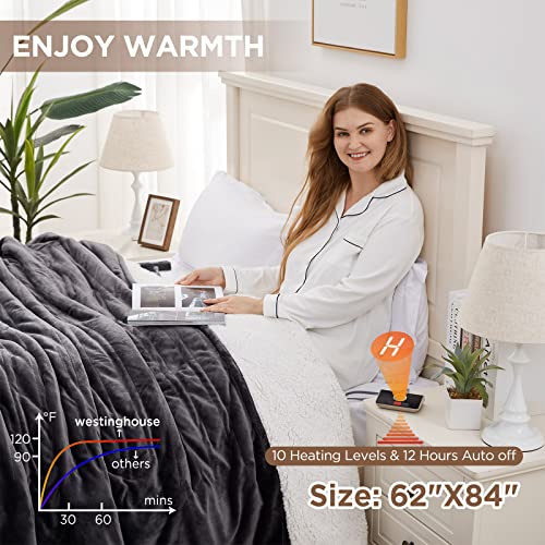 Westinghouse Heated Blanket Twin Size, Electric Throw Blanket With 10 Heating Levels, 12 Hours Auto Off, Overheat Protection, Machine Washable, Flannel To Sherpa (Twin, 62X84 Inches, Charcoal) #TOP1