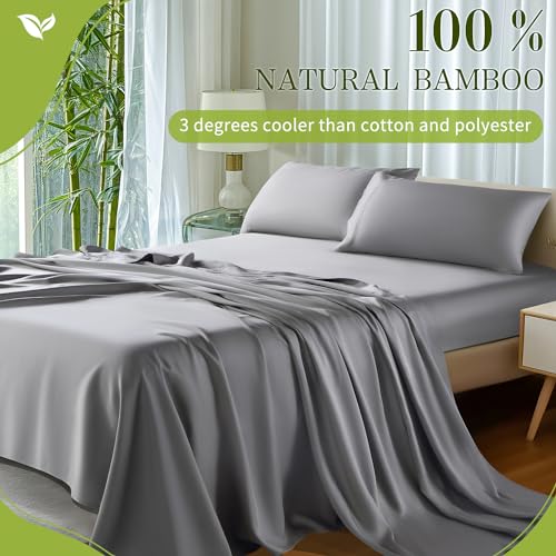 Shilucheng 100% Viscose Derived from Bamboo_ Sheets Full Size 4pcs - Ultra Cooling & Silky Soft Bed Sheets, 16" Deep Pocket, Perfect for Hot Sleepers, Hotel Bedding Sheets (Grey)