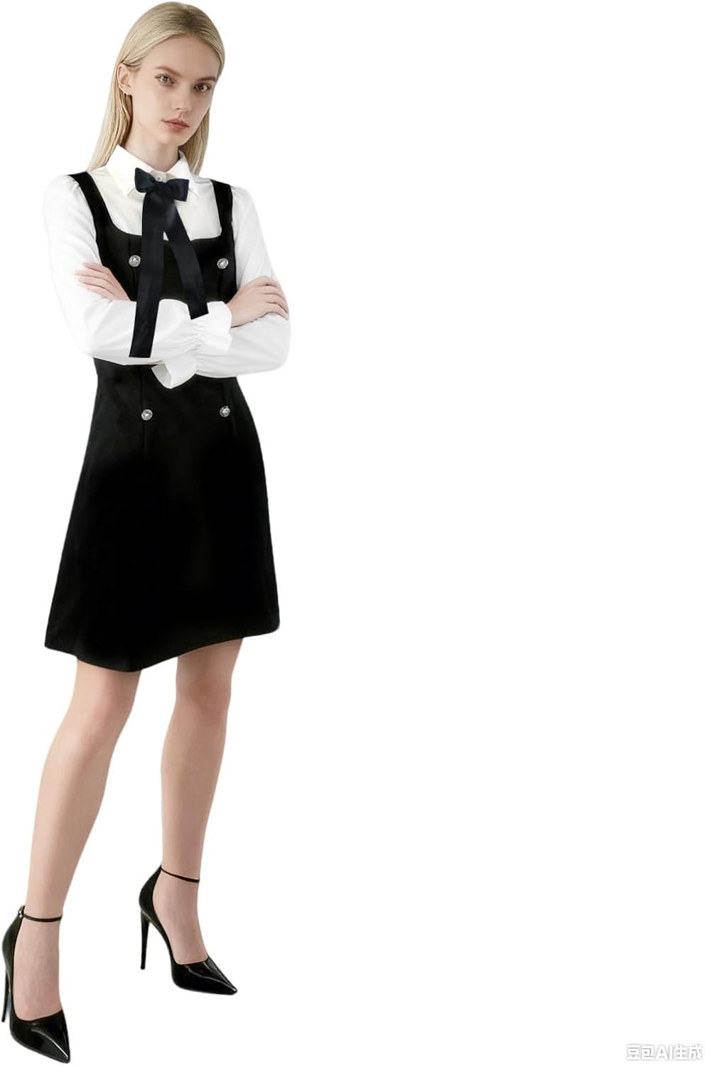 Women Short Dresses 2 In 1 Colorblock Turndown Collar Lantern Sleeve Black Suit Cute Dress - Image 4