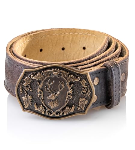 Schöneberger Trachten Couture Herren Trachtengürtel aus Leder Lederhosen Gürtel mit Hirsch Kupfer-Schnalle Ledergürtel Loris (58-60)