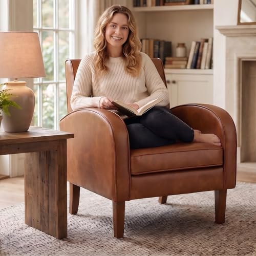 Image of LIVINOVA Brown Faux Leather Accent Chair Set of 1, Mid Century Modern Upholstered Arm Chair with Wooden Legs, Comfy Reception Office Club Reading Chairs Side Lounge Chairs for Living Room Bedroom