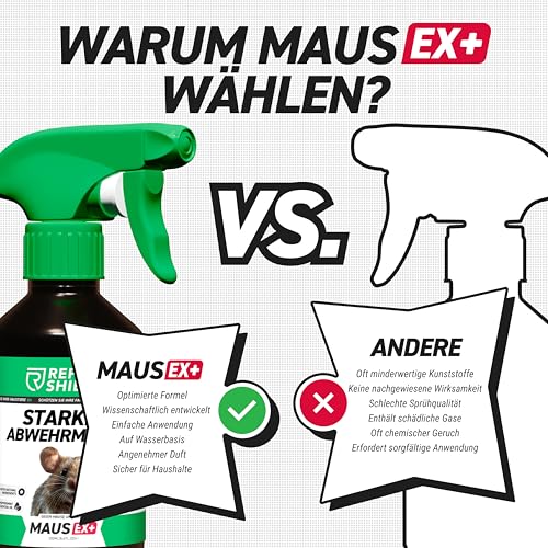 RepellShield® MausEx+ Mäuseabwehr Spray mit Geraniol -250ml- Mäusespray & Rattenabwehr für Innen & Außen - Mäuse vertreiben & Ratten fernhalten, Ohne Rückstände, mit Pfefferminzöl Duft