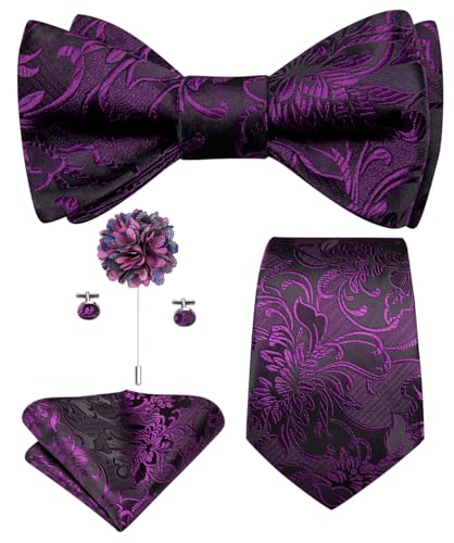 Image of Hi-Tie 5Pcs Mens Solid Color Silk Tie Satin Pretied Bowtie Lapel Pin for Men Handkerchief Cufflink Wedding Gift Box