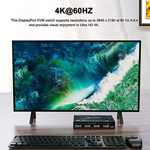 Image of KVM Switch 2 Computers 1 Monitor DisplayPort, 2 In 1 Out DP KVM Switcher Support 4k@60Hz Control 2 Computers to Share Keyboard, Mouse And DP Monitor