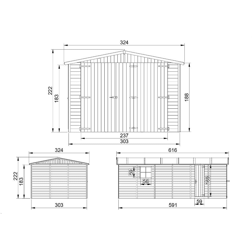 Garaje de Madera Natural - cobertizo en Pino/Abeto - A222x616x324 cm / 18 m² - Construcción Paneles - Taller de jardinería - Almacén de automóviles, cobertizo para Herramientas-TIMBELA M102