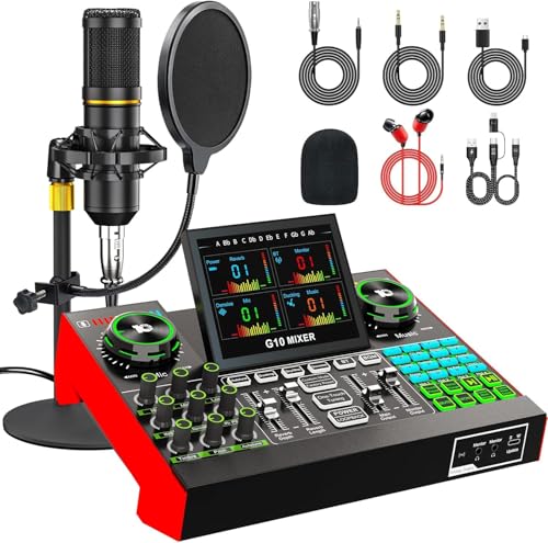 Image of Podcast Microphone Bundle for Live Streaming, Sound Card Audio Interface Mixer w 3.5mm Condenser Mic for Broad Casting with Voice Changer Denoise, Podcast Equipment Bundle for PC /Phone Gaming Singing