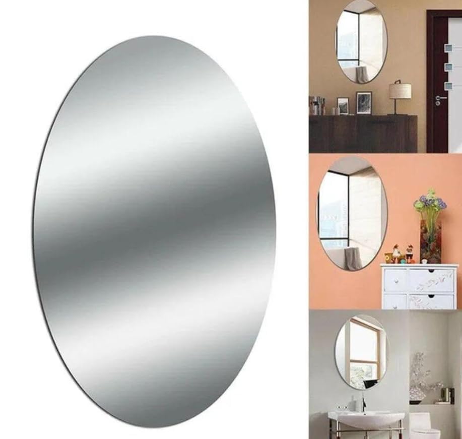 Image of Oval Adhesive Wall Mirror - Acrylic Stick-On Frameless Mirrors with Strong Double-Sided Tape for Bedroom, Bathroom, Living Room, Tiles & Basin Decor (Pack of 2)
