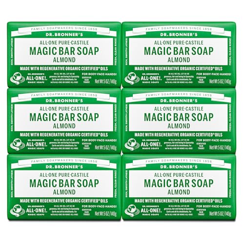 Dr. Bronner’s – Pure-Castile Magic Bar Soap (Almond, 5 oz, 6-Pack) – Made with Regenerative Organic Certified Oils- For Face, Body & Hair, Gentle, Vegan Bath Soaps for Men & Women, Non-GMO