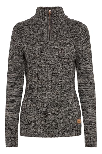 OXMO OXPhepe Damen Troyer Strickpullover Pullover mit Troyerkragen Label-Badge Rippbündchen 100% Baumwolle Regular fit, Größe:L, Farbe:Black (799000)