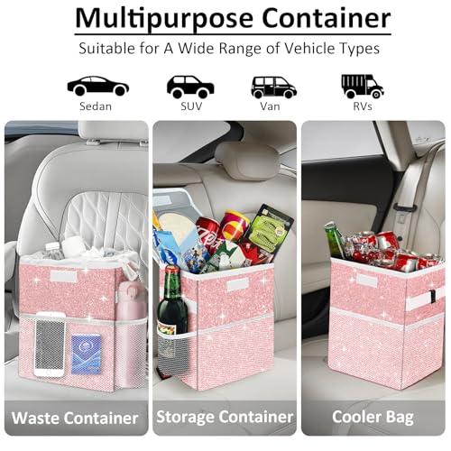Image of Cute Mini Car Trash Bag with Lid, Glitter Garbage Can Bin Hanging for Back /Front Seat /Console, Waterproof, Leakproof, 2.5 Gallon, Pink Bling Sparkly