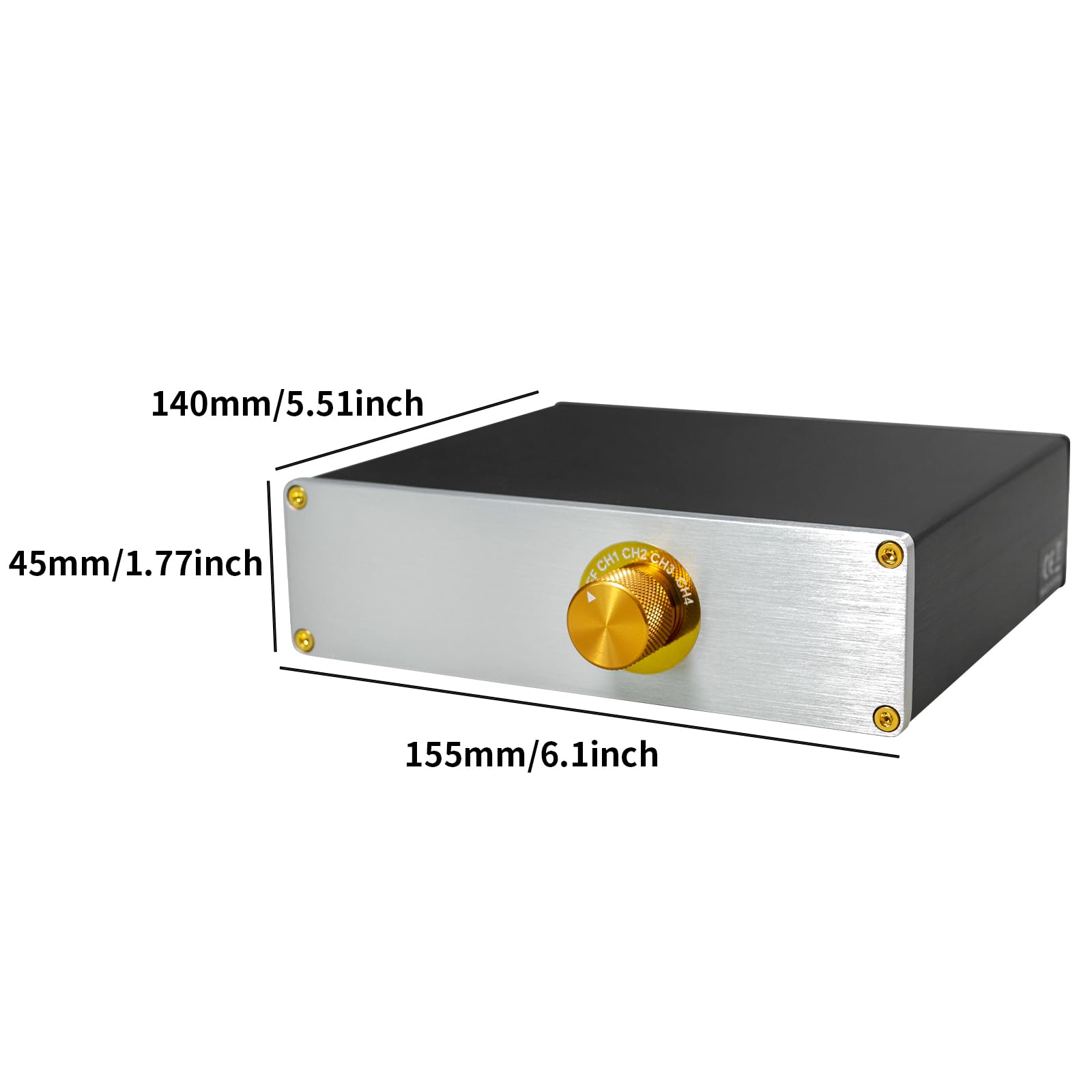 Switch Box audio RCA 4 in 2 Out - Selettore commutatore audio stereo passivo con jack RCA placcati oro e custodia in lega di alluminio, selettore di ingresso a 4 vie per lettore CD, TV, amplificatore