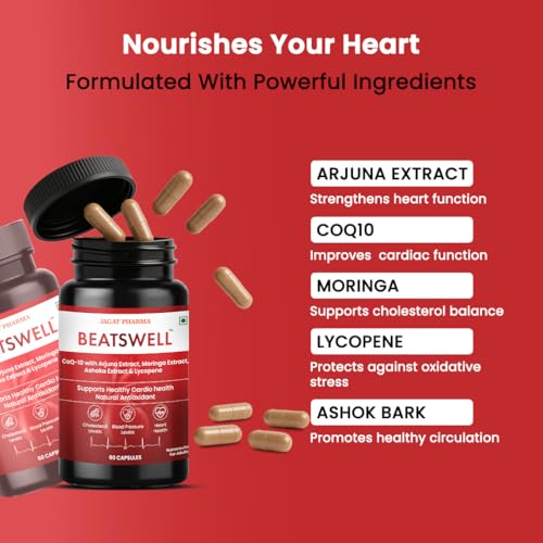 Image of Jagat Pharma Beatswell - Heart Health Supplement with Arjuna, CoQ10, Moringa & Lycopene | 60 Capsules | WHO-GMP Certified | Lab Tested | Natural Cardio Support