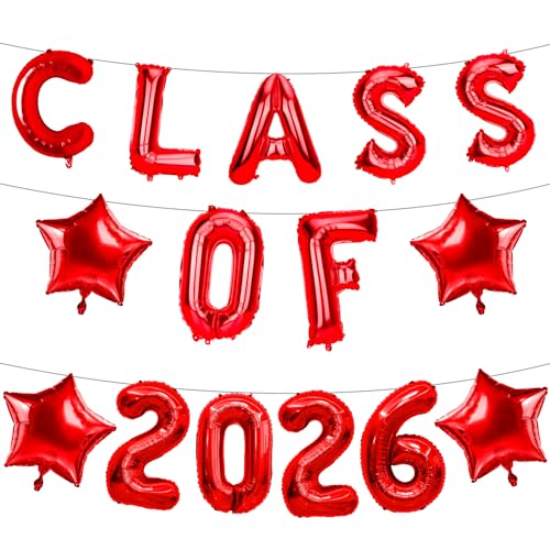 Image of Graduation Balloons, Class of 2026 Balloons, 16 Inch Red Grad Class of 2026 Letters Foil Balloon with Star Balloons, Class of 2026 Decorations for High School College Graduation Party Decorations