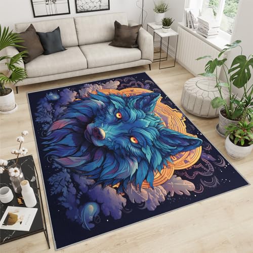 Cartoon Wolf Rug Wolf Totem Rug Bohemian Watercolor Animals Area Carpet Non-Skid with Non-Slip Backing Floor Mat for Bathroom Home Nursery College Dorm 6x8ft