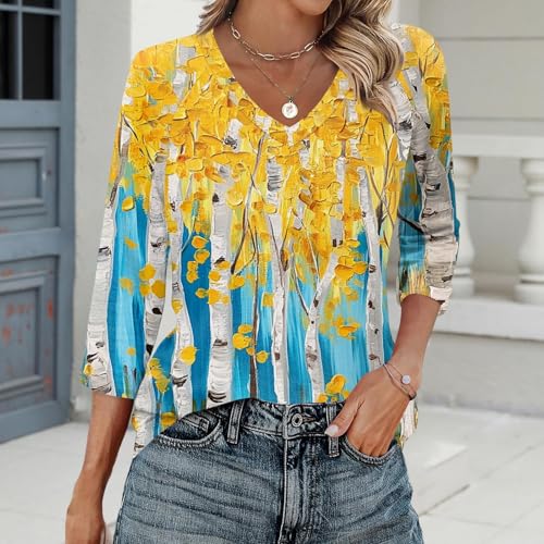 3/4 Length Sleeve Womens Tops Casual Basic V Neck Floral Print Tees Shirts Loose Fit Tunic Tops Fall Pullover2