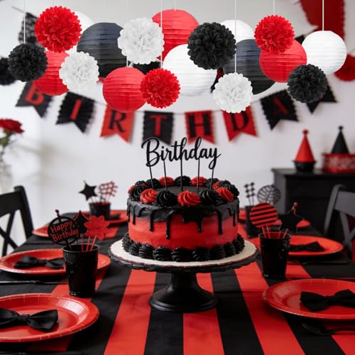 Image of 18 PCS Black Red White Paper Lanterns & Tissue Paper Pom Poms for Birthday, Baby Shower, Wedding, Graduation 2026, Hanging Paper Decor for Fiesta Stranger Theme Party Supplies