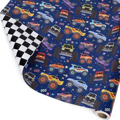 LaRibbons Monster Truck Reversible Wrapping Paper Mini Roll Checkered Flag Design Perfect for Kids and Boys Birthdays 17 x 33(46.7 sq. ft)