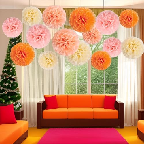 Image of XIKSXITN 12 pcs Orange Paper Pom Poms Decorations for Party in 2 Colors,Ceiling Hanging Tissue Paper Flowers Decorations (8&10&12 inch)