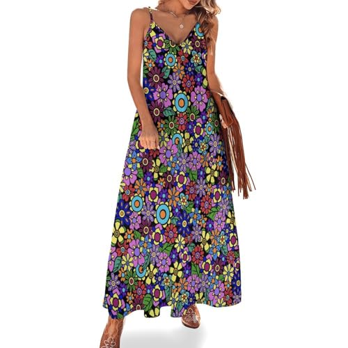 Prokelin Retro 70s Floral Maxi Dress, Women Floral Dress, Retro 70s Sundress Casual Spaghetti Strap V Neck Sleeveless Dress M