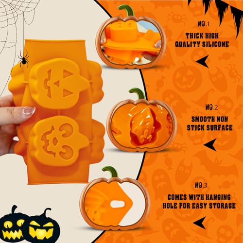 Image of Halloween Silicone Molds Set 19 Shapes Large Baking Molds Pack of 4 Including Pumpkin Skull Ghost Bat Hat Spider Web House Molds, 3D Spooky Homemade Soap Candle Ice Pan Muffin Cupcake Moulds Oven Safe