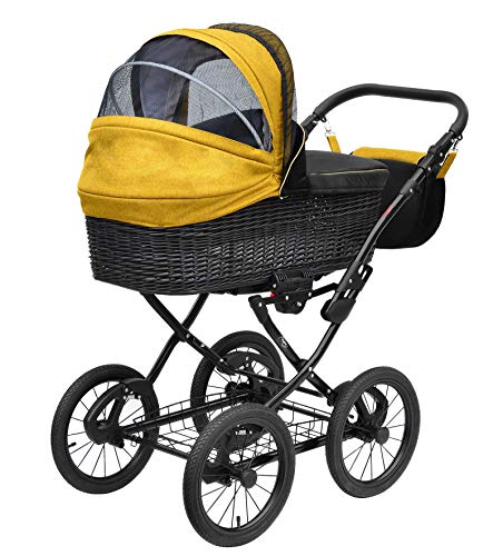 SKYLINE Klassisch Retro Stil Wicker LUX Kombi-Kinderwagen Buggy 3in1 Reise System Autositz (Isofix) (Pacific Blue/14 "Räder)