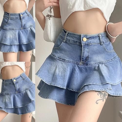 Women Summer High-Waist A-Line Mini Cake Jeans Skirt Vintage Washed Pleated Ruffles Layered Casual Slim Streetwear3