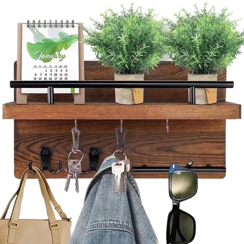 Porte-clés mural en bois massif de qualité supérieure avec étagère rustique décorative - 2