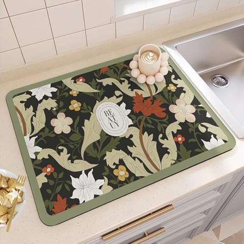 速乾食器乾燥マット - 吸水・滑り止め効果でキッチンカウンターの水はけ問題を解決!ソフトな珪藻土ベース、ファンタジースタイルのコーヒーバーマット(Y,30*40*0.35cm)