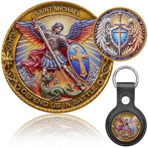 Zorleniva St Michael Archangel Coin 3D Engraved Saint Michael Keychain Medal Challenge Coin with Leather Coin Holder (Antique Gold)