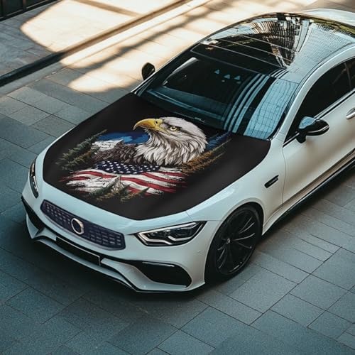 Image of Car Hood Cover Protector American Flag Eagle Design Waterproof Car Hood Wrap Blanket Auto Flag Automotive Exterior Accessories for Sedans SUVs Pickups Trucks Jeeps