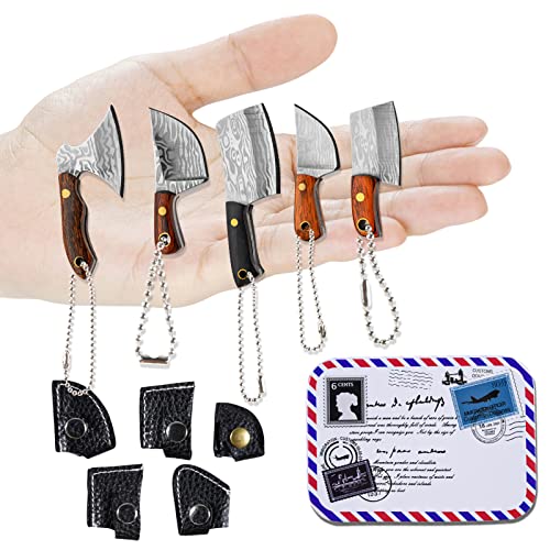 NAESM 5 Pcs Mini Taschenmesser Set, EDC Messer Set, Damaskus Chef Messer Schlüsselanhänger, für Dekoration Schnalle und Express Schneiden Scharfes Werkzeug Verwendet