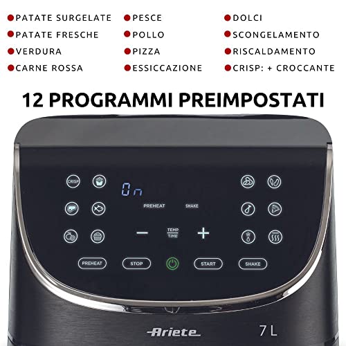 Ariete Airy Fryer 7L 4627, Friggitrice ad Aria 7L, Timer da 60 Minuti, LCD e Touchscreen con 12 Modalità di Cottura, Funzione Max Crisp, Temperatura Massima 200° C, Capacità 2Kg, 1700W, Nero