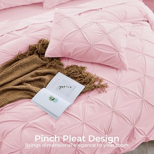 Image of Sasttie King Size Comforter Set, 7-Piece Bed in a Bag, Pintuck Bedding Sets for All Season, Includes Comforter, Flat Sheet, Fitted Sheet, Pillowcases and Pillowshams, Baby Pink