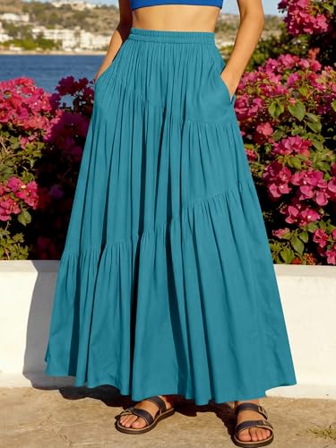 Image of ANRABESS Women's Boho Elastic High Waist Pleated A-Line Flowy Swing Asymmetric Tiered Maxi Long Skirt Dress with Pockets