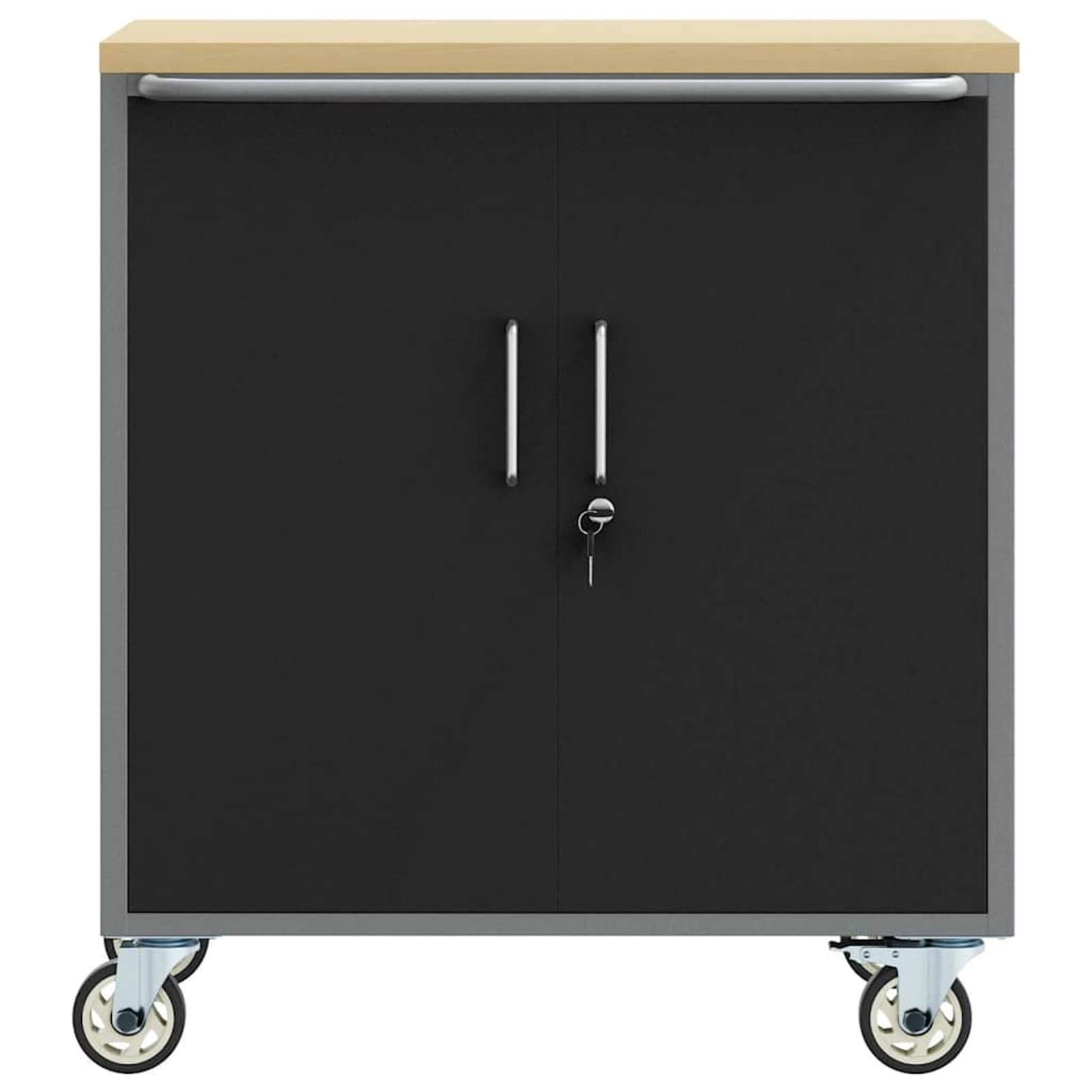 Homgoday Banco da Lavoro Industriale con Ruote 75x45x85 cm Nero/Grigio in Legno e Acciaio con 1 Serratura a camma e 1 ripiano carico Max 100 kg.
