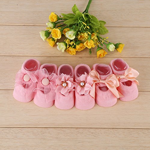 Zerodis 3pairs Set Baby Cotton Floor Sock with Bow Tie, Cute Lace Flower Design Anti slip Non Skid Ankle Socks for Newborn Toddler Infant(M)2