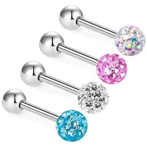 ZHIYAOR Anti-allergy Surgical Steel Tongue Rings Women Handmade Epoxy Crystal Piercing Barbells 14G 16mm (AB+Blue+Pink+White) Cover