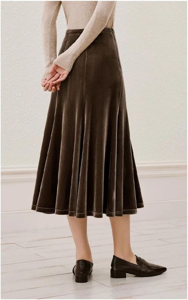 Women's Silk Velour Midi Skirt High Waist A-Line Long Casual Office Skirt for Daily Wear2
