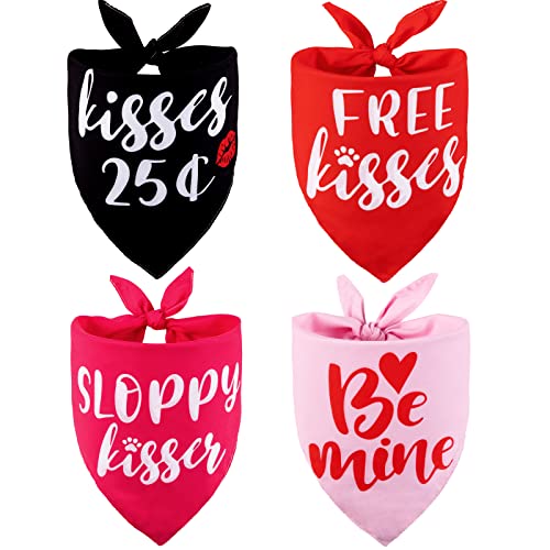 Whaline 4 Pack Valentine Dog Bandanas Reversible Triangle Dog Bibs Scarf Pet Bandana Kisses Pet Neckerchief for Small Medium Large Pet Cat Dog Wedding Anniversary Costume Accessories