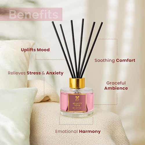 Image of IRIS Aroma Reed Diffuser - 100ml | Elegant Home Fragrance with 6 Fiber Reeds, Glass Round Bottle with Gold Cap | Aroma Diffuser for Cozy Decor & Gifting (Velvety Rose)