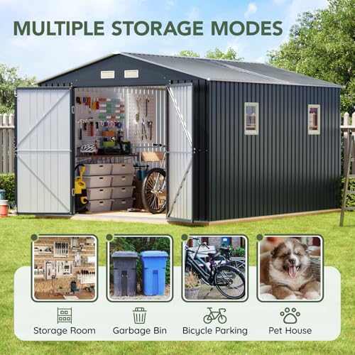 Image of 10x12 FT Outdoor Metal Storage Shed, Double Swing Doors, 2 Clear Windows, Replaceable Skylight Roof Panel, Tool Shed for Garden, Patio, Backyard