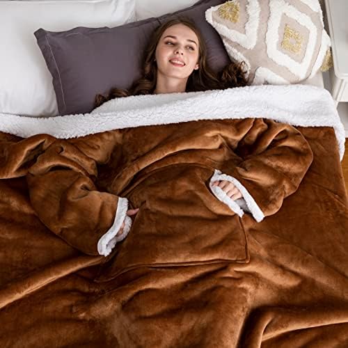 HBselect Wearable Blanket with Sleeves, Soft Fluffy Sherpa Plush Snuggle Slankets Blanket Throws for Sofa Warm Fleece Blanket for Women & Adult, Light Brown, 170×200cm